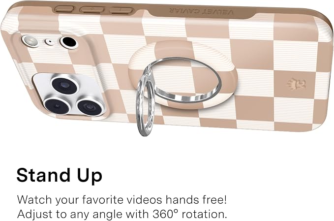 VELVET CAVIAR Compatible with MagSafe Phone Grip 2.0 | Cute Magnetic Ring Holder | Finger Loop Kickstand | Pop On Accessory for iPhone 17, 16, 15, 14, 13, 12 | Nude Checkered