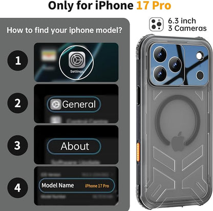 for iPhone 17 Pro Waterproof Case, Fit for Magsafe, IP68 Full Body Shockproof Dustproof, Built-in Camera Control and Screen Protector, 16FT Heavy Duty Military, 6.3" Black