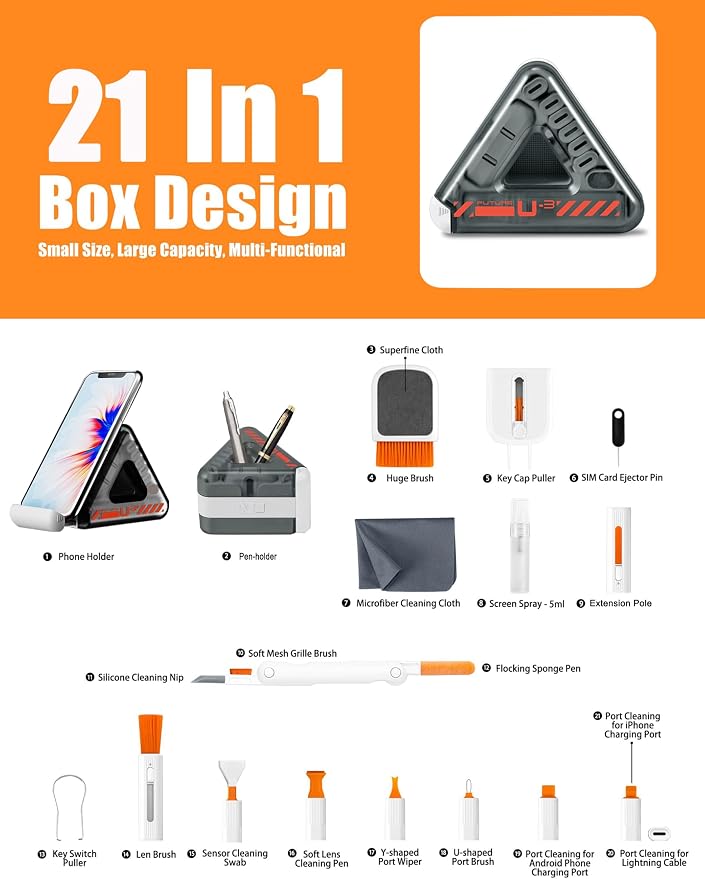 Laptop, Phone, and Electronics Cleaning Kit with Spray, Microfiber Cloth, Brush, 21 Tools (Triangle)