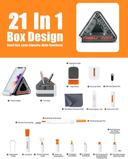 Laptop, Phone, and Electronics Cleaning Kit with Spray, Microfiber Cloth, Brush, 21 Tools (Triangle)