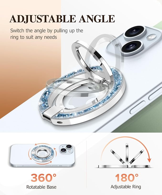 GVIEWIN Magnetic Phone Ring Holder, Compatible with MagSafe Phone Grip with Adjustable Stand, Magnet Phone Ring Kickstand for iPhone 17/16/15/14/13/12 Pro Max Plus Air/Other Phones (Glitter/Blue)