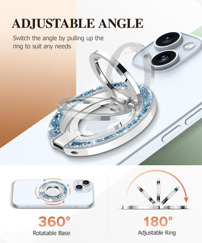 GVIEWIN Magnetic Phone Ring Holder, Compatible with MagSafe Phone Grip with Adjustable Stand, Magnet Phone Ring Kickstand for iPhone 17/16/15/14/13/12 Pro Max Plus Air/Other Phones (Glitter/Blue)