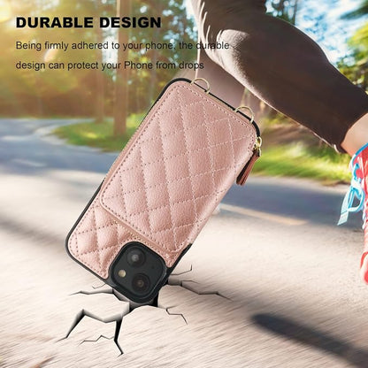 Bocasal Crossbody Wallet Case for iPhone 14 Plus, RFID Blocking PU Leather Zipper Handbag Purse Flip Cover, Kickstand Folio Case with Card Slots Holder Wrist Strap Lanyard 5G 6.7 Inch (Rose Gold)