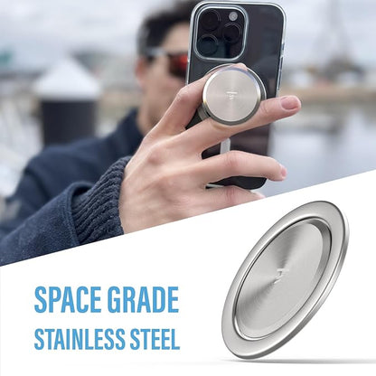Tango Ultra Thin Grip for MagSafe: One Hand Open, Stand, 10x Expandable, Space Grade Steel, Removable for Wireless Charging. Half The Thickness, Twice The Fidget - Brushed Steel