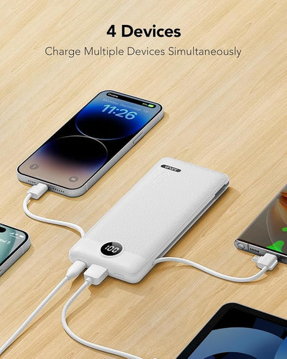 VRURC Portable Charger, Power Bank Built-in Cables and AC Wall Plug | USB C Power Bank 10000mAh Travel Essentials Phone Charger Compact External Battery Pack For Smart Phones, Tablets etc-White