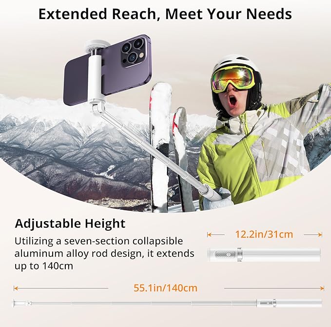 ATUMTEK 55" Selfie Stick Tripod, All-in-one Extendable Aluminum Travel Tripod with Rechargeable Bluetooth Remote, Phone Selfie Stick 360° Rotatable for iPhone 17 Pro Max 16/15/14/13 Smartphones, White