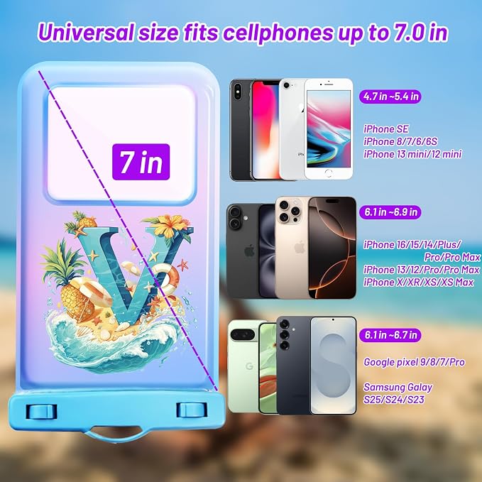 Personalized Initial Waterproof Phone Pouch Case - IPX8 Cellphone Dry Bag with Lanyard for iPhone 16/15/14/13/12 Pro Max (6.1–6.9"), Beach & Cruise Ship Essentials with Monogrammed Design (Blue, V)