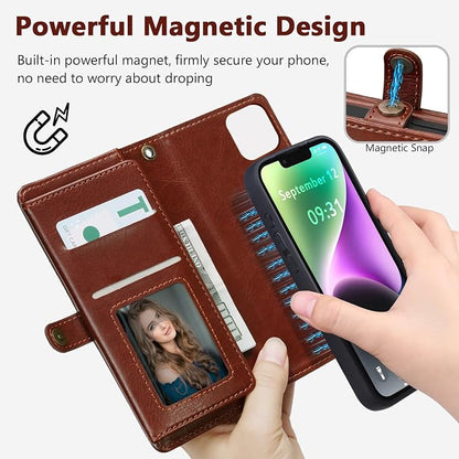 Wallet Case for iPhone 14 with Card Holder/Crossbody Wallet/Strap| RFID Blocking | Magnetic | Kickstand | Detachable | PU Leather Phone Case for iPhone 14,6.1 in,Brown