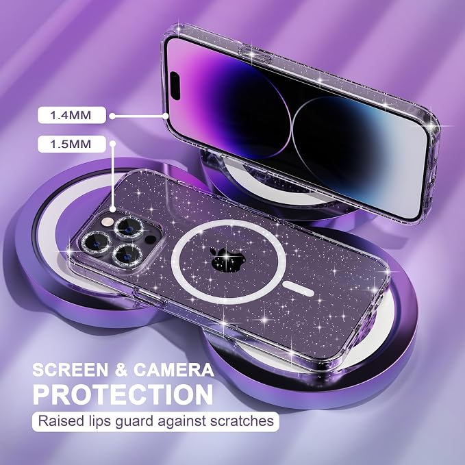 Choiche Magnetic for iPhone 14 Pro Max Case, Women Clear Glitter Bling Sparkly Case, [3xDiamond Camera Lens Protectors] [2xTempered Glass Screen Protectors] [Compatible MagSafe] (Glitter Clear)