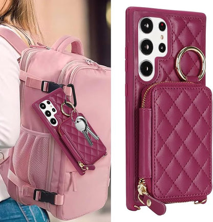 Crossbody Wallet Case for Galaxy S23 Ultra, PU Leather Zipper Handbag Purse Flip Cover, Kickstand Folio Case with Card Slots Holder Wrist Strap Lanyard -Dark red