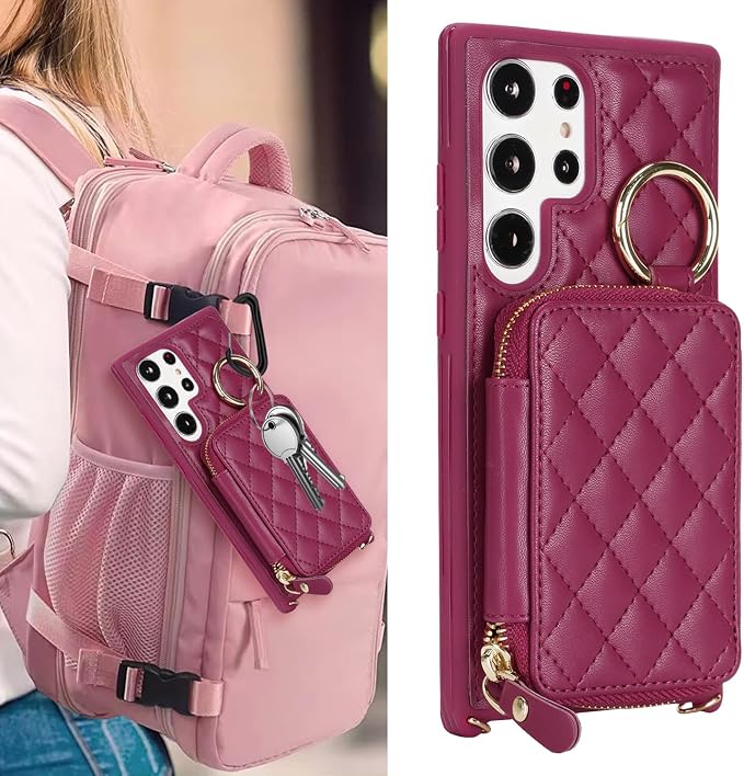 Crossbody Wallet Case for Galaxy S24 Ultra, PU Leather Zipper Handbag Purse Flip Cover, Kickstand Folio Case with Card Slots Holder Wrist Strap Lanyard -Dark red