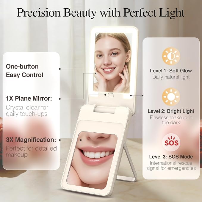 Magnetic Wireless Power Bank 5-in-1, 5000mAh Portable Charger with LED Mirror, Phone Stand, Card Holder & Bluetooth Remote, 20W Fast Charging for iPhone & Android, Travel Essential for Women