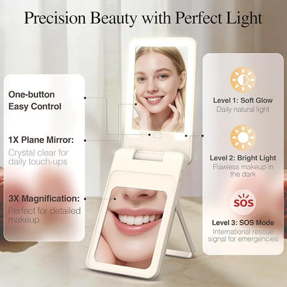 Magnetic Wireless Power Bank 5-in-1, 5000mAh Portable Charger with LED Mirror, Phone Stand, Card Holder & Bluetooth Remote, 20W Fast Charging for iPhone & Android, Travel Essential for Women
