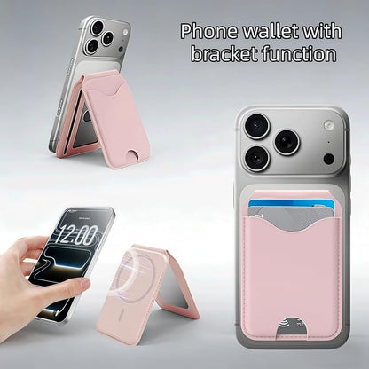 Upgraded for Magsafe Wallet, Strong Magnetic Phone Wallet with Adjustable Stand, Built in Makeup Mirror, 5 Card Holder, RFID Blocking (Pink Fold)