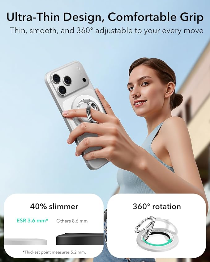 ESR for MagSafe Phone Grip, Dual-Side Magnetic Phone Grip,360° Adjustable Thin Magnetic Ring Holder Stand,for iPhone 17e/17-12, Samsung, All Phones, MagSafe Accessories (2 Metal Rings Included)