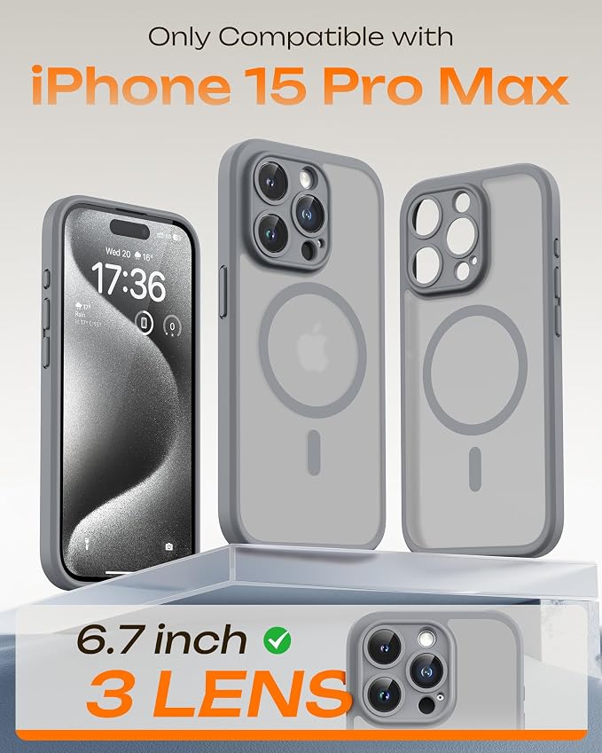 TOCOL Magnetic for iPhone 15 Pro Max Case, Upgraded Full Camera Protection, Compatible with Magsafe, Drop Protection, Translucent Matte Back Bumper Phone Cover 6.7-Inch（Gray）