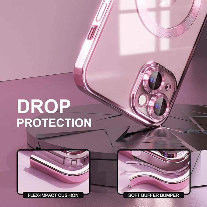 Misea Magnetic for iPhone 15 Plus Case Compatible with MagSafe [Never Yellowing] [Military Grade Drop Protection] Full Camera Lens Protector Plating Soft Clear Phone Case for Women, Pink