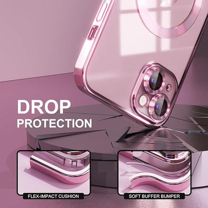 Misea Magnetic for iPhone 15 Plus Case Compatible with MagSafe [Never Yellowing] [Military Grade Drop Protection] Full Camera Lens Protector Plating Soft Clear Phone Case for Women, Pink