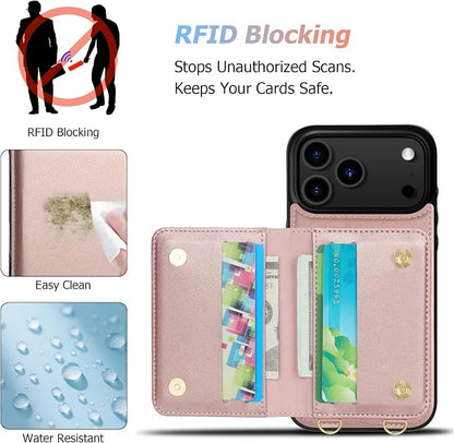 LOHASIC for iPhone 17 Pro Max Case Wallet with Detachable Crossbody Strap & Wrist Lanyard, RFID Blocking, 4 Card Slots 2 Cash Pockets, Leather Case with Card Holder for Women Girls, Rose Gold/Pink