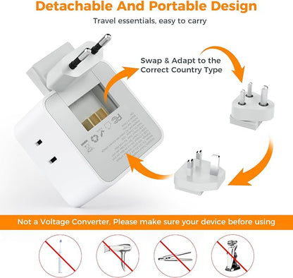 TESSAN European UK Travel Plug Adapter Kit | International Detachable, 3 Outlet 3 USB (1 USB C), Type C/G/E/F/M, US to Europe Greece Italy South Africa Spain Ireland
