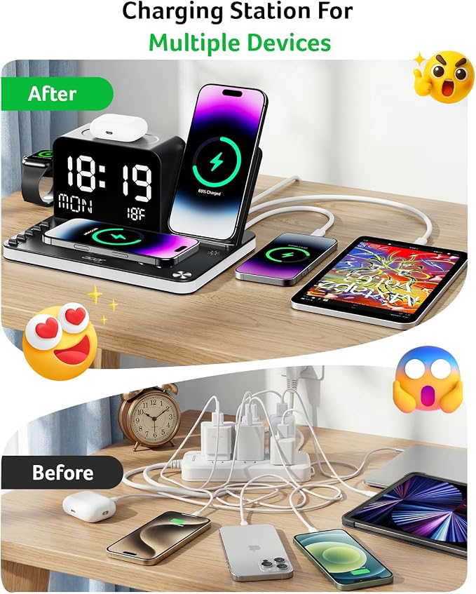 acer 7-in-1 Wireless Charging Station: Charger Stand for Multiple Devices for Apple - iPhone 16 15 14 13 12 Pro Max Apple Watch Airpods, Wireless Charger iPhone Charging Station with Bluetooth TimeSyn