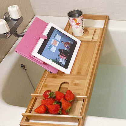 Bath Caddy Tray for Tub, Bamboo Bathtub Tray Caddy 29.5-42.9 inch Expandable with Wine Glass Holder, Book Stand and Phone Slot Luxury Bubble Bath Accessories & Spa Decor Distinctive Gift