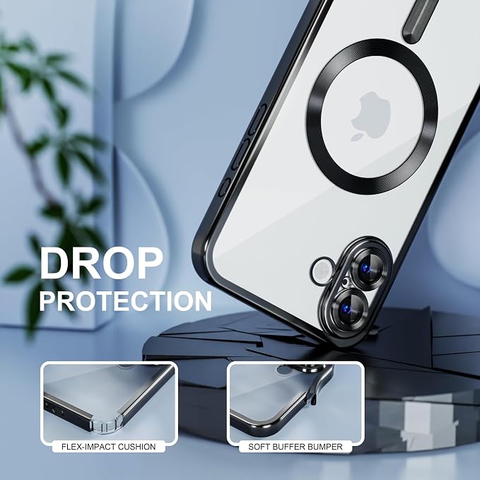 Misea Magnetic for iPhone 16 Case Compatible with MagSafe [Never Yellowing] [Military Grade Drop Protection] Full Camera Lens Protector Plating Soft Clear Phone Case for Women 6.1 inch, Black