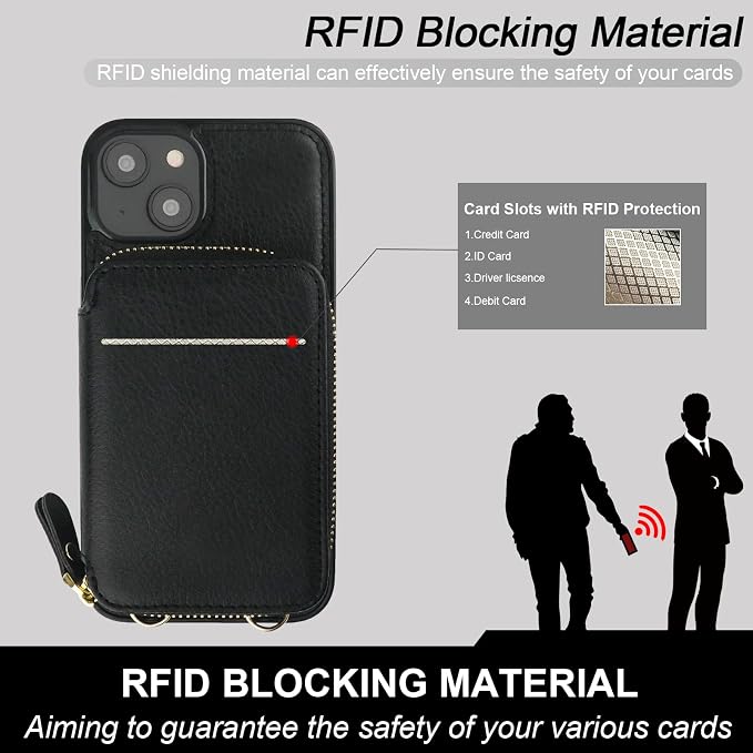 Bocasal RFID Blocking Wallet Case for iPhone 14 Plus, Adjustable Crossbody Zipper Purse Case Card Holder with Kickstand Detachable Wrist Strap, PU Leather Flip Folio Case 6.7 Inch 5G (Black)