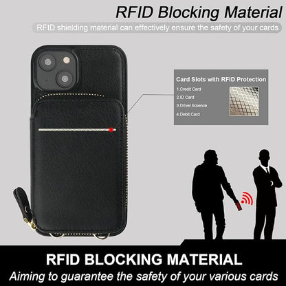 Bocasal RFID Blocking Wallet Case for iPhone 14 Plus, Adjustable Crossbody Zipper Purse Case Card Holder with Kickstand Detachable Wrist Strap, PU Leather Flip Folio Case 6.7 Inch 5G (Black)