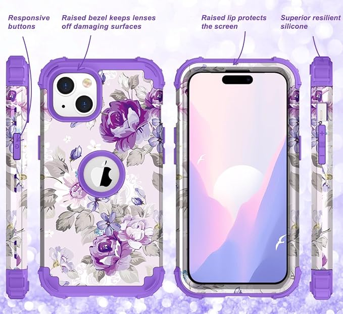 Hocase for iPhone 15 Case, Heavy Duty Shockproof Protection Soft Silicone Rubber Bumper+Hard Plastic Hybrid Protective Case for iPhone 15 (6.1" Display) 2023 - Lavender Flowers