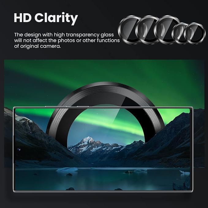 Tensea [3+2PCS for Samsung Galaxy S22 Ultra Camera Lens Protector, 9H Tempered Glass Camera Cover Screen Protector Metal Individual Ring for S22 Ultra 5G 2022 [Installation Tray][Removal tool]- Black