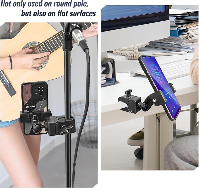 Clip Phone Holder for Desk,Pole,Pipe,Boom,Flat Surface with Adjustable Aluminium Arm Phone Clamp Mount for Mic Stand,Treadmill Compatible with All 4-7” Cell Phone (Short-Aluminium Arm Phone Holder)