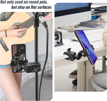 Clip Phone Holder for Desk,Pole,Pipe,Boom,Flat Surface with Adjustable Aluminium Arm Phone Clamp Mount for Mic Stand,Treadmill Compatible with All 4-7” Cell Phone (Short-Aluminium Arm Phone Holder)