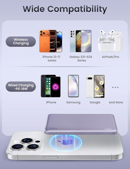 RORRY for Magsafe Portable Charger, 5000mAh Magnetic Power Bank, Violet | 0.3" Ultra Slim, 18W Wireless Fast Charging, Alloy-Made, Battery Pack for iPhone 17/16/15 Plus Pro Max