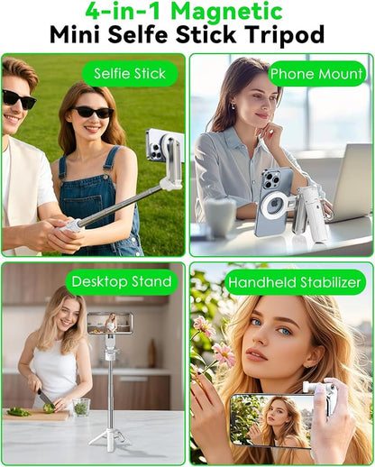 CloudValley Magnetic 4-in-1 Multifunctional Selfie Stick Tripod, Mini Portable Pocket Phone Stand with Detachable Remote, Compatible with MagSafe, for iPhone/Android, Travel Vlog, Live Stream, White