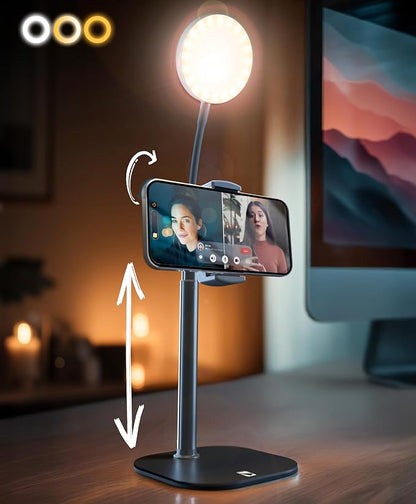 Phone Stand for Recording with Light for Desk - ChatStand Halo 9-13" Adjustable, Portable Ring Light Tripod, iPhone Stand for Desk & Phone Holder for Video Recording, Filming, Zoom Calls (Night Black)
