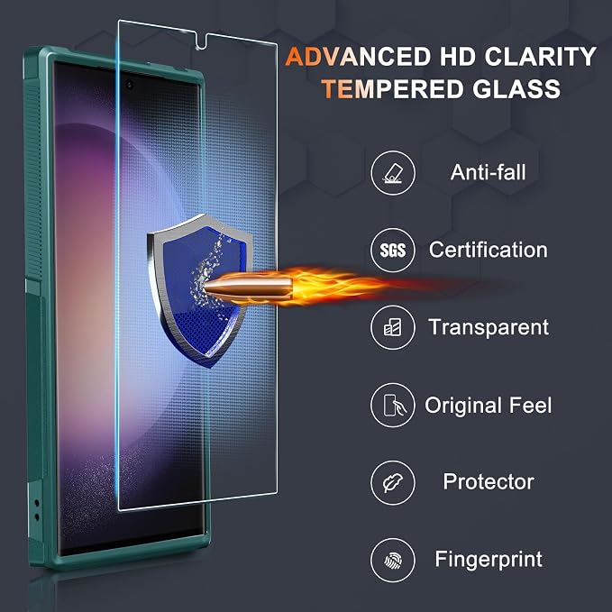 RMOCR Case for Samsung Galaxy S25 Ultra, Full Body Heavy Duty Rugged Shockproof Protective Phone Cover with Lanyard Strap, Tempered Glass Screen Protector and Camera Lens Cover, Dark Green