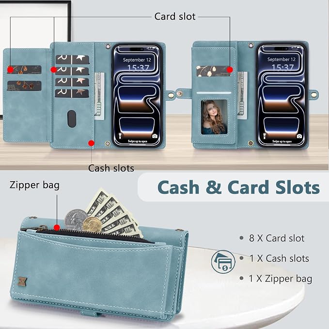 Wallet Case for iPhone 17 Pro with Card Holder/Crossbody Wallet/Strap,[RFID Blocking][Magnetic] PU Leather Phone Case for iPhone 17 Pro,6.3 in,Dream Blue