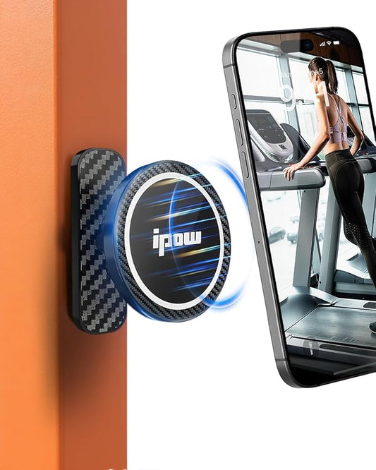 IPOW Magnetic Phone Holder for Gym with Dual Magnetic Mount, Alloy Base & 360° Ball Joint, Compatible with MagSafe iPhone 12-16 Series, Strong Grip on Metal Surfaces
