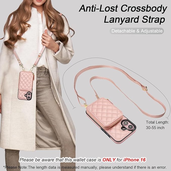 Bocasal Crossbody Wallet Case for iPhone 16, RFID Blocking PU Leather Zipper Handbag Purse Flip Cover, Kickstand Folio Case with Card Slots Holder Wrist Strap Lanyard 5G 6.1 Inch (Rose Gold)