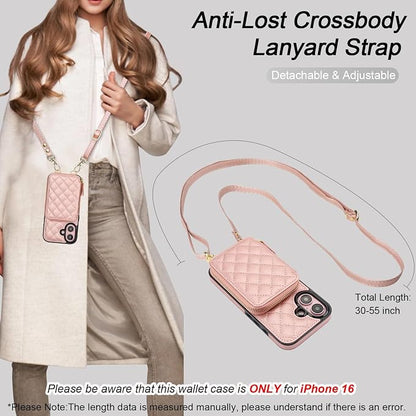 Bocasal Crossbody Wallet Case for iPhone 16, RFID Blocking PU Leather Zipper Handbag Purse Flip Cover, Kickstand Folio Case with Card Slots Holder Wrist Strap Lanyard 5G 6.1 Inch (Rose Gold)