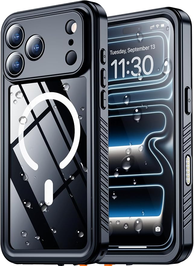 SPIDERCASE Magnetic for iPhone 17 Pro Max Case Waterproof, Built-in Screen & Camera Lens Protector[IP68 Underwater] [Military Grade Shockproof] Full Body Protection Phone Case, Black/Clear