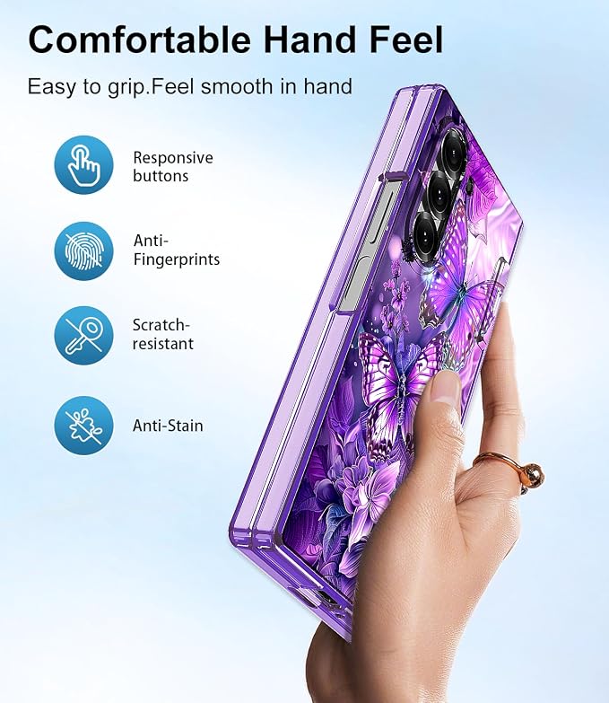Btscase for Samsung Galaxy Z Fold 6 Case,Built in Front Screen Protector,Gold Glitter Marble Pattern Hard PC Slim Shockproof Full Body Drop Protective Case for Galaxy Z Fold 6 5G, Purple Butterfly