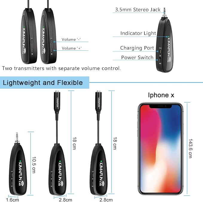 KIMAFUN Wireless Microphone System for 2 People, 2.4G Dual Wireless Headset and Lavalier Lapel Mics Ideal for Smartphone, iPhone, Laptop, Camera, Speaker, PA, Conference, Vlog, Recording