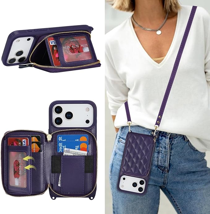 Crossbody Wallet Case for iPhone 17 Pro Max, PU Leather Zipper Handbag Purse Flip Cover, Kickstand Folio Case with Card Slots Holder Wrist Strap Lanyard 5G 6.9 Inch-Purple