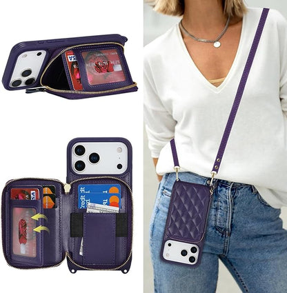 Crossbody Wallet Case for iPhone 17 Pro Max, PU Leather Zipper Handbag Purse Flip Cover, Kickstand Folio Case with Card Slots Holder Wrist Strap Lanyard 5G 6.9 Inch-Purple