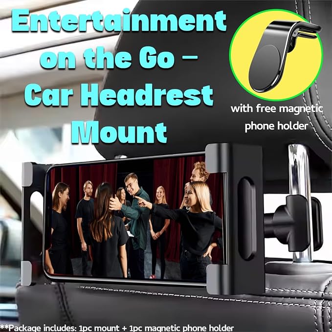 Adjustable Car Headrest Tablet and Phone Holder, Backseat Mount with Extendable Arm, Universal Fit Travel Stand for Smartphones and Tablets, Secure & Stable for Road Trips