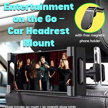 Adjustable Car Headrest Tablet and Phone Holder, Backseat Mount with Extendable Arm, Universal Fit Travel Stand for Smartphones and Tablets, Secure & Stable for Road Trips