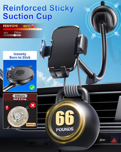 Phone Mount for Car [6.2in Flexible Arm] Cell Phone Holder for Windshield Dashboard [Washable Strong Suction] Automotive Accessories Car Mount for iPhone Android Smartphone Universal Cradles
