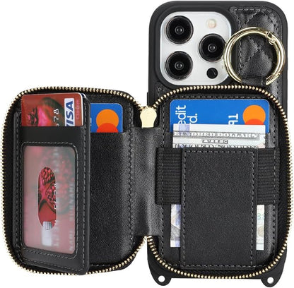 Crossbody Wallet Case for iPhone 14 Pro, PU Leather Zipper Handbag Purse Flip Cover, Kickstand Folio Case with Card Slots Holder Wrist Strap Lanyard 5G 6.1 Inch-Black